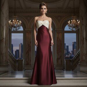 Belsoie Sz 6 Formal Strapless Ball Gown/Prom Dress Burgundy/White Bow Fur Shawl